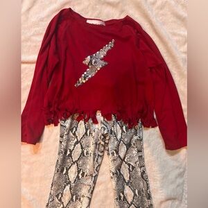 Les tout petites - Red Fringe Top and Snake Print flare Leggings Set